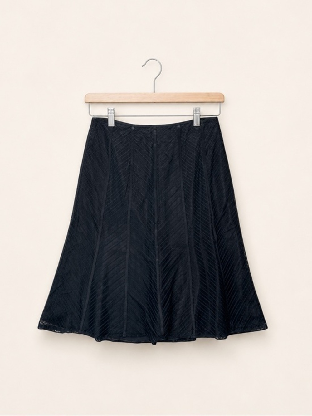 Ann Taylor Black Lace A-Line Knee-Length Skirt | Silk Ribbon Detail Size 0